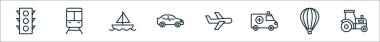Taşıma hattı simgelerinin ana hatları. trafik ışığı, tren, gemi, araba, uçak, ambulans, sıcak hava balonu, traktor gibi doğrusal vektör simgeleri