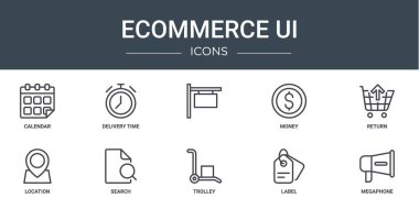 Takvim, dağıtım zamanı, para, dönüş, konum, rapor, sunum, diyagram, mobil uygulama gibi 10 ana hatlı web ekommerce ui simgesi kümesi