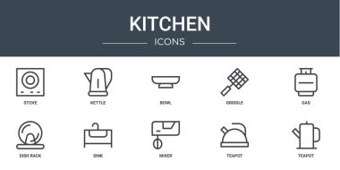Soba, çaydanlık, kase, ızgara, gaz, bulaşık rafı, rapor için lavabo vektör simgeleri, sunum, diyagram, web tasarımı, mobil uygulama gibi 10 ana hatlı web mutfak simgesi seti