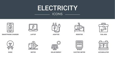 Akıllı telefon şarj aleti, dizüstü bilgisayar, adaptör, direnç, araç kutusu, diyot, rapor için motor vektör simgeleri, sunum, diyagram, web tasarımı, mobil uygulama gibi 10 ana hatlı elektrik simgesi kümesi