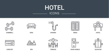 Dambıl, kanepe, duş, menü, otel, kart anahtarı, rapor için spa vektör simgeleri, sunum, diyagram, mobil uygulama gibi 10 ana hatlı otel simgesi seti