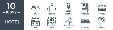 Otel ana hatları simgesi seti ince hat spa, asansör, bavul, gazete, masa zili, bar, rapor için otel simgeleri, sunum, diyagram, web tasarımı içerir
