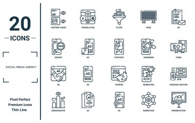 Sosyal medya ajansı doğrusal simge seti. Rapor için ince satır içerik görünümlerini, arama, ad, demografik, sunum, strateji, ortalama konum simgeleri, sunum, diyagram, web tasarımı