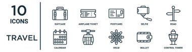 seyahat çizgisi simgesi seti örneğin ince çizgi çanta, kartpostal, yol, cüzdan, kontrol kulesi, rapor için takvim simgeleri, sunum, diyagram, web tasarımı