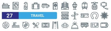 Seyahat, rehber kitap, rahatsız etmeyin, kontrol kulesi, yol, yüzme havuzu, güneş, cüzdan vektörü, internet tasarımı için ince çizgi simgeleri, mobil uygulama gibi 27 ana hatlı web seyahat simgesi seti.