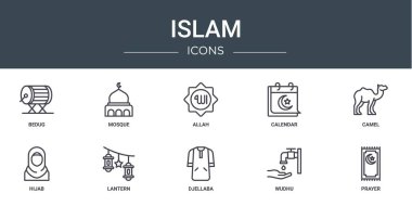 Rapor, sunum, diyagram, web tasarımı, mobil uygulama gibi 10 ana hatlı İslam simgesi seti: kazılmış, cami, Allah, takvim, deve, tesettür, fener vektör simgeleri
