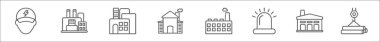 outline set of industrial line icons. linear vector icons such as electrician, industry, industry, manufacturing plant, factory, siren, barn, crane clipart