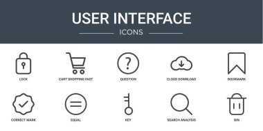 set of 10 outline web user interface icons such as lock, cart shopping fast, question, cloud download, bookmark, correct mark, equal vector icons for report, presentation, diagram, web design, clipart