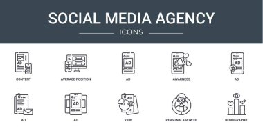 İçerik, ortalama konum, ad, farkındalık, ad, ad, ad, vektör simgeleri, rapor, sunum, diyagram, web tasarımı, mobil uygulama gibi 10 ana hatlı sosyal medya simgesi seti