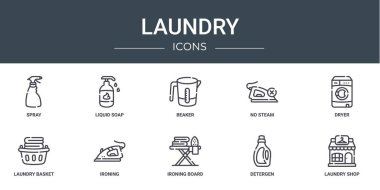 Sprey, sıvı sabun, beher, buhar yok, kurutucu, çamaşır sepeti, rapor için ütü vektör simgeleri, sunum, diyagram, web tasarımı, mobil uygulama gibi 10 ana hatlı çamaşır ikonu seti