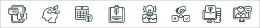 Danışmanlık hattı simgelerinin ana hatları. Danışmanlık, stres, zamanlama, rapor, çözüm, karar, faq, teletıp gibi doğrusal vektör simgeleri