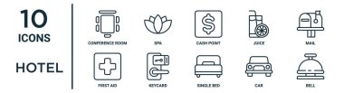İnce çizgi konferans odası, nakit noktası, posta, anahtar kartı, araba, zil, rapor için ilk yardım simgeleri, sunum, diyagram, web tasarımı gibi otel ana hatları simgesi seti