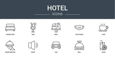 Çift yatak, bar, posta, yüz maskesi, kafe, oda servisi, rapor için sessiz vektör simgeleri, sunum, diyagram, web tasarımı, mobil uygulama gibi 10 ana hatlı otel simgesi seti
