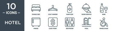 hotel outline icon set includes thin line double bed, coat hanger, sanitizer, room service, wine, fridge, cash point icons for report, presentation, diagram, web design clipart