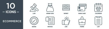 ecommerce ana hat simgesi seti ince satır hukuku, para çantası, para, banka kartı, takvim, rapor için rozet, fatura simgeleri, sunum, diyagram, web tasarımı