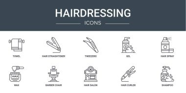 Rapor için havlu, saç düzleştirici, cımbız, saç spreyi, balmumu, berber sandalye vektör simgeleri, sunum, diyagram, web tasarımı, mobil uygulama gibi 10 ana hatlı ağ ikonu seti