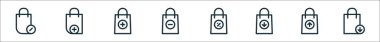 Alışveriş poşeti simgelerinin ana hatları. Alışveriş poşeti, ekle, topla, kaldır, indirim yap, indir, yükle, indir gibi doğrusal vektör simgeleri