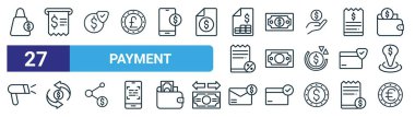 Alış veriş çantası, fatura, güvenli ödeme, para, nakit, para transferi, maaş çeki, web tasarımı için para vektörü ince çizgi simgeleri, mobil uygulama gibi 27 ana hatlı ödeme simgesi seti.