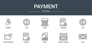 Ödeme, madeni para, mağaza, indirim, bozuk para, güvenli ödeme, rapor, sunum, diyagram, mobil uygulama gibi 10 ana hatlı web ödeme ikonu seti