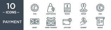 Ödeme ana hatları simgesi seti ince çizgi para, alışveriş çantası, fatura, bölge, para, para, rapor, sunum, diyagram, web tasarımı için para transfer simgeleri içerir