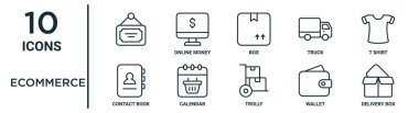 ecommerce ana hat simgesi seti, ince satır, kutu, t-shirt, takvim, cüzdan, dağıtım kutusu, rapor için iletişim kitabı simgeleri, sunum, diyagram, web tasarımı gibi
