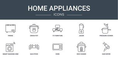 Buzdolabı, çömlek tenceresi, televizyon mobilyası, meyve sıkacağı, düdüklü tencere, akıllı çamaşır jeni, rapor için gaz sobası vektör simgeleri, sunum, diyagram, web sitesi gibi 10 ana hatlı ev aleti ikonu.