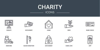 Bağış, para, ev, tohum, banka çeki, ilaç, kan bağışı vektör simgeleri, sunum, diyagram, web tasarımı, mobil uygulama gibi 10 ana hatlı yardım simgesi seti