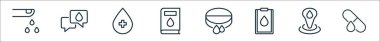 Kan çizgisi simgeleri dizisi. kan damlası, sohbet, kan donörü, bilim kitabı, tablet, tıbbi rapor, yer, destekleyici gibi doğrusal vektör simgeleri