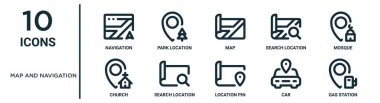 Rapor için harita ve navigasyon ana simgesi seti: ince çizgi navigasyon, harita, cami, arama konumu, araba, benzin istasyonu, kilise simgeleri, sunum, diyagram, web tasarımı