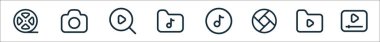 çokluortam çizgi simgelerinin ana hatları. Film rulosu, kamera, arama, müzik dizini, müzik, diyafram, video dizini, çevrimiçi video gibi doğrusal vektör simgeleri
