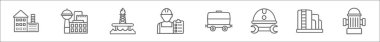 outline set of industrial line icons. linear vector icons such as factory, industry, oil rig, quality control, tank car, labour, storage tank, fire hydrant clipart