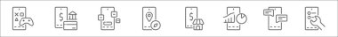Mobil uygulama çizgisi simgelerinin ana hatları. mobil oyun, mobil bankacılık, uygulamalar, navigasyon, dükkan, grafik, sohbet gibi doğrusal vektör simgeleri