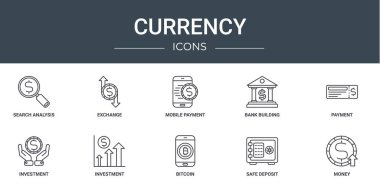 Arama analizi, takas, mobil ödeme, banka binası, ödeme, yatırım, yatırım vektör simgeleri, sunum, diyagram, web tasarımı gibi 10 ana hatlı para birimi simgesi kümesi,