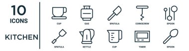 İnce çizgi bardağı, spatula, kaşık, zamanlayıcı, kaşık, spatula simgeleri, sunum, diyagram, web tasarımı gibi mutfak ana hatları simgesi kümesi