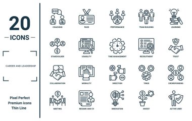 kariyer ve liderlik doğrusal simgesi seti. İnce çizgi koçluğu, paydaşlık, işbirliği, toplantı, aktif kullanıcı, zaman yönetimi, rapor, sunum, diyagram, web için kitle fonlama simgeleri