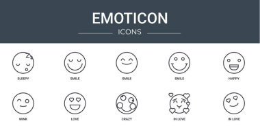 Uykulu, gülümseyen, gülümseyen, gülümseyen, mutlu, göz kırpan, rapor için aşk vektör simgeleri, sunum, diyagram, web tasarımı, mobil uygulama gibi 10 ana hatlı simge seti