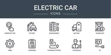 Rapor, sunum, diyagram, web tasarımı, mobil uygulama gibi 10 ana hatlı elektrikli araba simgesi seti, fabrika, bakım, pil, kum saati, konum, pano vektör simgeleri