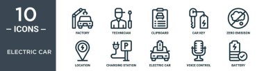 elektrikli araba ana hatları ikonu seti ince çizgi fabrikası, teknisyen, pano, araba anahtarı, sıfır göçmen, konum, rapor için şarj istasyonu simgeleri, sunum, diyagram, web tasarımı