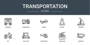 Rapor, sunum, diyagram, web tasarımı, mobil uygulama gibi 10 ana hatlı ağ taşıma simgesi, taşıyıcı, karavan, kano, roket, yelkenli, atv, golf arabası vektör simgeleri
