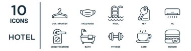 İnce çizgi elbise askısı, havuz, ac, banyo, kafe, burger gibi otel taslak ikonu seti rapor, sunum, diyagram, web tasarımı için simgeleri rahatsız etmeyin