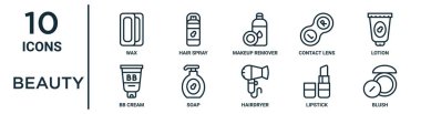 Rapor için ince çizgi ağdası, makyaj temizleyicisi, losyon, sabun, ruj, kızarıklık kremi, pansiyon kremi simgeleri, sunum, diyagram, web tasarımı gibi ikon setleri