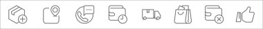 outline set of ecommerce line icons. linear vector icons such as add, location, phone call, pending, delivery, shopping bag, cancel, like clipart