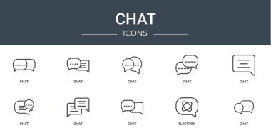 Rapor için sohbet, sohbet, vektör simgeleri, sunum, diyagram, web tasarımı, mobil uygulama gibi 10 ana hatlı sohbet simgesi seti