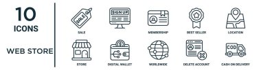 İnce satır satışı, üyelik, konum, dijital cüzdan, silme hesabı, teslimatta nakit, rapor için depolama simgeleri, sunum, diyagram, web tasarımı gibi web depolama simgesi seti