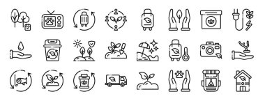 Rapor, sunum, diyagram, web tasarımı, mobil uygulama gibi doğa, vahşi yaşam, tatil, toplum, seyahat, doğa, ürün vektör simgelerinden oluşan 24 ana hatlı eko ikon kümesi