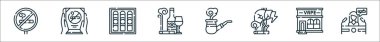 Dumanlı çizgi simgelerinin ana hatları. Yasak, kitap, puro, şarap, pipo, karaciğer, vape, konferans gibi doğrusal vektör simgeleri