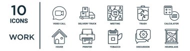 Çalışma çizgisi simgesi seti örneğin ince çizgi görüntü çağrısı, toplantı, hesap makinesi, yazıcı, tartışma, kum saati, rapor için ev simgeleri, sunum, diyagram, web tasarımı