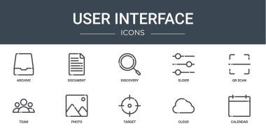 Rapor için arşiv, belge, keşif, kaydırma, qr taraması, ekip, fotoğraf vektör simgeleri, sunum, diyagram, web tasarımı, mobil uygulama gibi 10 kullanıcı arayüzü simgesi seti
