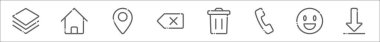 Kullanıcı arayüzü çizgi simgelerinin ana hatları. Katmanlar, ev, pin, arka boşluk, atık kutusu, telefon çağrısı, emot, doğrudan indirme gibi doğrusal vektör simgeleri