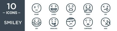 Smiley özet seti ince çizgi ikonu şüphe, kahkaha, kusma, ağlama, ağlama, rapor için salya akıtan ikonlar, sunum, diyagram, web tasarımı içerir
